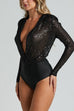 Moxidress Wrap Deep V Neck Long Sleeves Sequin Bodysuit