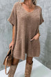 Moxidress Oversized V Neck Short Sleeves Pocketed Poncho Sweater