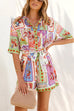 Short Sleeves Button Up Tie Waist Aztec Print Romper