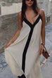 Moxidress Spaghetti Strap V Neck Color Block Maxi Holiday Dress