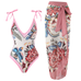 Moxidress Floral Print V Neck Tie Shoulder One-piece Swimwear and Wrap Cover Up Skirt Set