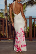 Moxidress Halter V Neck Backless Ruched Flower Print Maxi Dress