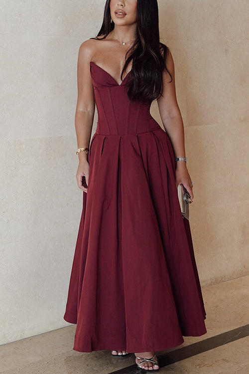 Moxidress V Neck Strapless Corset Swing Maxi Dress