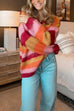 Moxidress V Neck Rainbow Striped Casual Pullover Sweater