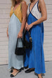 Moxidress V Neck Color Block Sleeveless Maxi Swing Dress