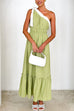 Moxidress Tie Bow One Shoulder Waisted Ruffle Maxi Dress