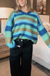 Moxidress V Neck Rainbow Striped Casual Pullover Sweater