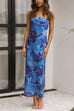 Moxidress Strapless Scooped Cowl Backless Floral Print Maxi Dress