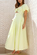 Moxidress Puff Sleeves Twist Front Cut Out Swing Maxi Dress