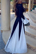 Flare Long Sleeves Color Block Patchwork Swing Maxi Dress