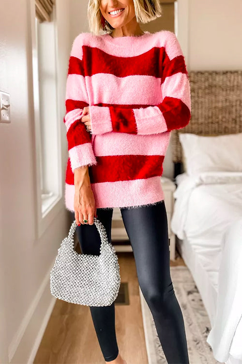 Moxidress Round Neck Striped Cute Pullover Sweater