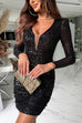 Moxidress Mesh V Neck Ruched Sequin Bodycon Mini Party Dress