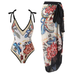 Moxidress Floral Print V Neck Tie Shoulder One-piece Swimwear and Wrap Cover Up Skirt Set