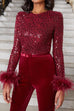 Moxidress Feather-Paneled Long Sleeves Bell Bottoms Sequin Jumpsuit