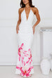 Moxidress Halter V Neck Backless Ruched Flower Print Maxi Dress