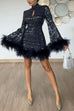 Moxidress Stand Collar Feather Trim Sequin Mini Party Dress