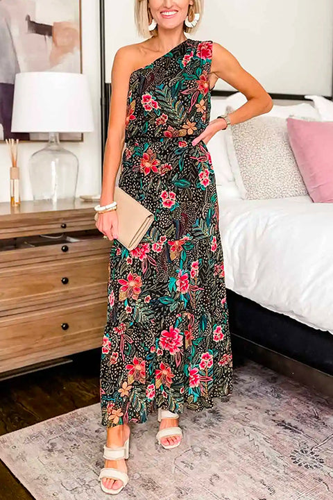 One Shoulder Waisted Floral Print Maxi Holiday Dress