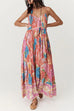 Moxidress V Neck Spaghetti Strap Backless Floral Print Maxi Vacation Dress