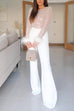 Moxidress Feather-Paneled Long Sleeves Bell Bottoms Sequin Jumpsuit