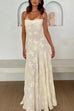 Moxidress Spaghetti Strap Back Lace-up Applique Flower Lace Maxi Dress