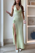 Moxidress Halter V Neck Backless Slit Rose Applique Knit Maxi Dress