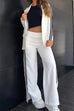 Moxidress Color Block Open Front Blazer Elastic Waist Slit Wide Leg Pants Set