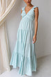 Moxidress V Neck Ruffle Trim Tiered Sleeveless Linen Maxi Dress