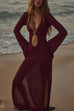 Moxidress V Neck Side Slit Crochet Beach Cover Up Maxi Dress