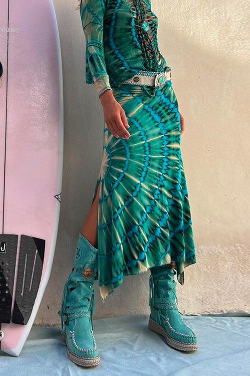 High Waist Side Slit Tie Dye Midi Skirt