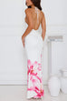 Moxidress Halter V Neck Backless Ruched Flower Print Maxi Dress