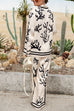 Moxidress Coral Reef Print Long Sleeves Blouse Shirt Wide Leg Pants Satin Set