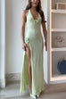 Moxidress Halter V Neck Backless Slit Rose Applique Knit Maxi Dress