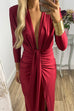 Moxidress Deep V Neck Ruched Slit Maxi Bodycon Dress