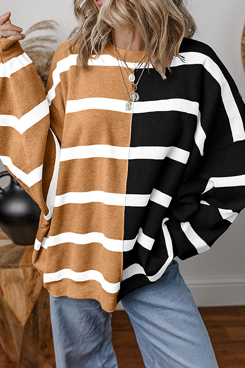 Moxidress Long Sleeves Color Block Striped Oversized Sweatshirt