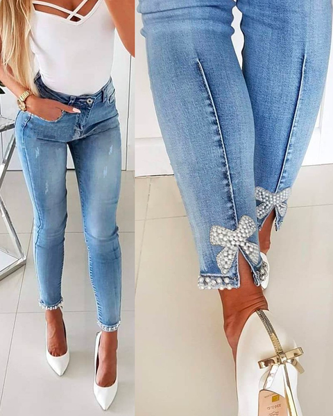 Moxidress Bow Knot Pearl Beaded Pencil Denim Pants