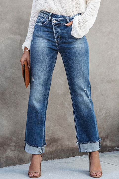 Moxidress High Waist Straight Leg Ripped Denim Pants