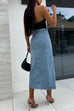 Moxidress Button Down Slit Midi Denim Skirt