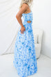 One Shoulder Drawstring Cut Out Pleated Swing Maxi Print Dress