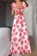 Ruffle V Neck Tie Back Floral Print Maxi Dress