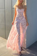 Moxidress Spaghetti Strap Back Lace-up Applique Flower Lace Maxi Dress