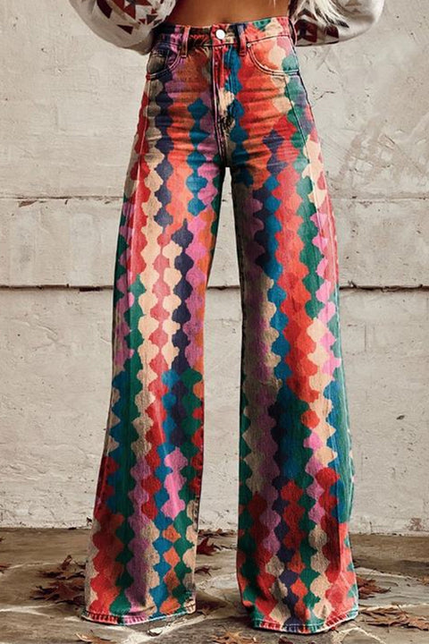 Moxidress High Rise Color Block Printed Wide Leg Pants