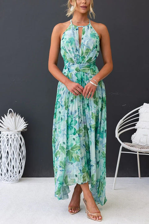 Moxidress V Neck Waisted Cut Out Floral Pleated Maxi Dress