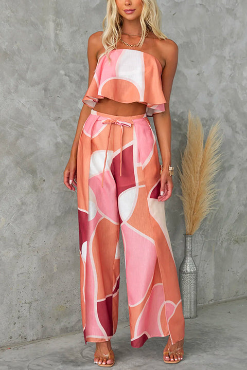 Strapless Ruffle Crop Top Drawstring Waist Wide Leg Pants Printed Set