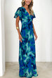 V Neck Ruffle Short Sleeves Lagoon Print Maxi Dress