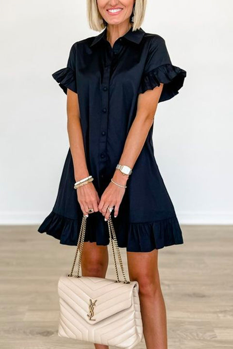 Ruffle Short Sleeves Button Up Shirt Dress