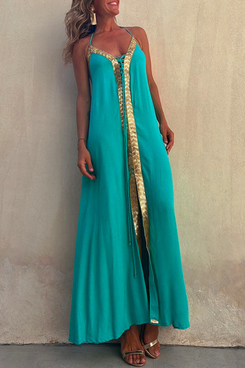 Moxidress V Neck Backless Sequin Detailed Slit Maxi Cami Dress