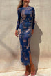 Chicest Long Sleeve Ruched Side Slit Tie Dye Maxi Dress