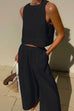 Moxidress Solid Crewneck Crop Tank Top Elastic Waist Wide Leg Pants Set