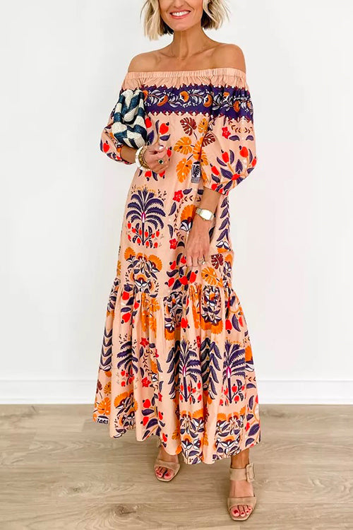 Moxidress Off Shoulder Lantern Sleeves Printed Ruffle Maxi Dress