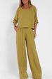 Moxidress Round Neck 3/4 Sleeves Pullovers Wide Leg Pants Cotton Linen Set